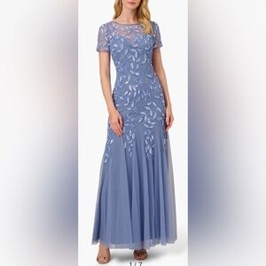Brand New Never Worn French Blue Floral Embroidered Beaded Trumpet Gown